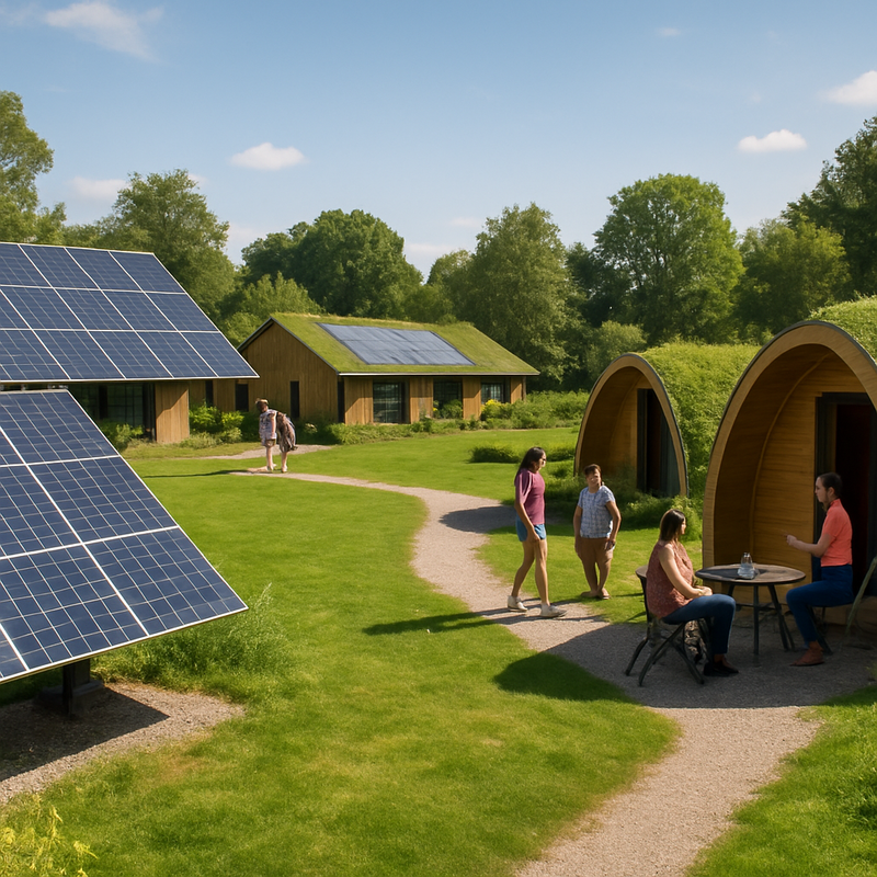 Duurzame camping met zonnepanelen en eco-pods omringd door natuur in Nederland