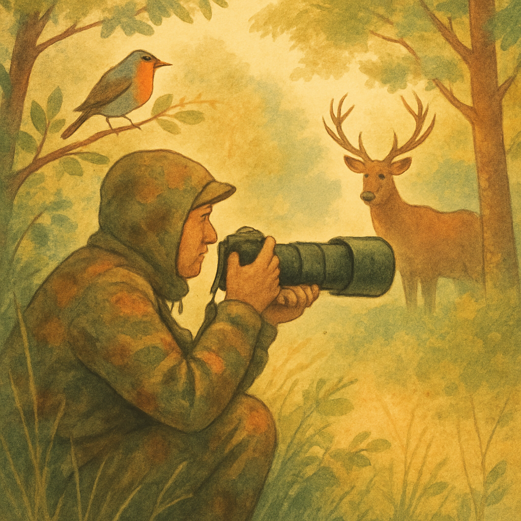 Een illustratie toont een fotograaf in camouflagekleding, zittend in lang gras met een camera en telelens gericht op een hert in de verte, terwijl een vogel op een tak toekijkt.