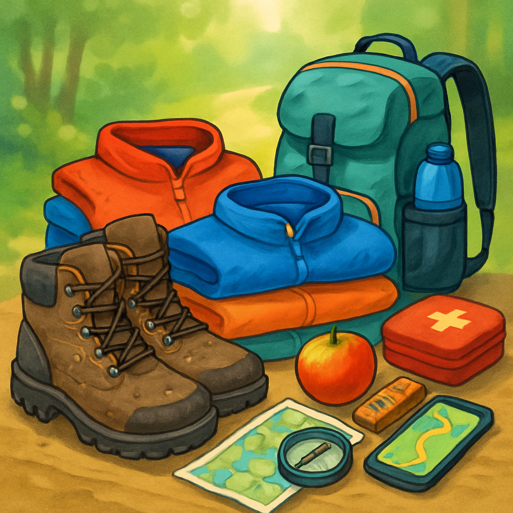 Een overzicht van essentiële wandeluitrusting, inclusief waterdichte wandelschoenen, lagen kleding, een rugzak, navigatiemiddelen, waterfles, snacks en een EHBO-set, afgebeeld in een kleurrijke tekenstijl.