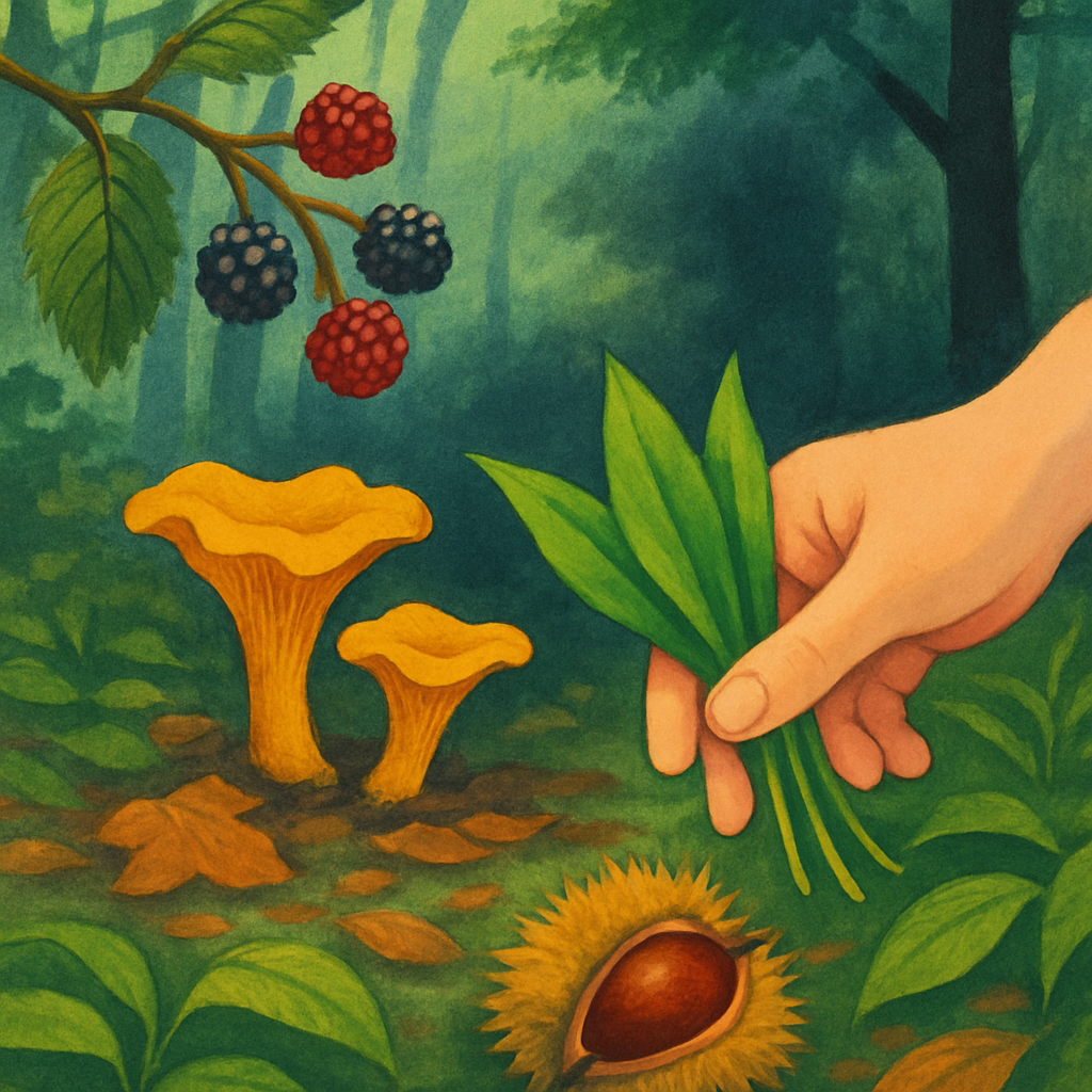 Een kleurrijke tekening toont een hand die zorgvuldig daslookbladeren plukt. Op de achtergrond zijn rode bramen aan een tak te zien, en onder wat bladeren liggen twee eetbare paddenstoelen. Een tamme kastanje is te zien, los van zijn stekelige omhulsel. De scène straalt rust en respect voor de natuur uit.