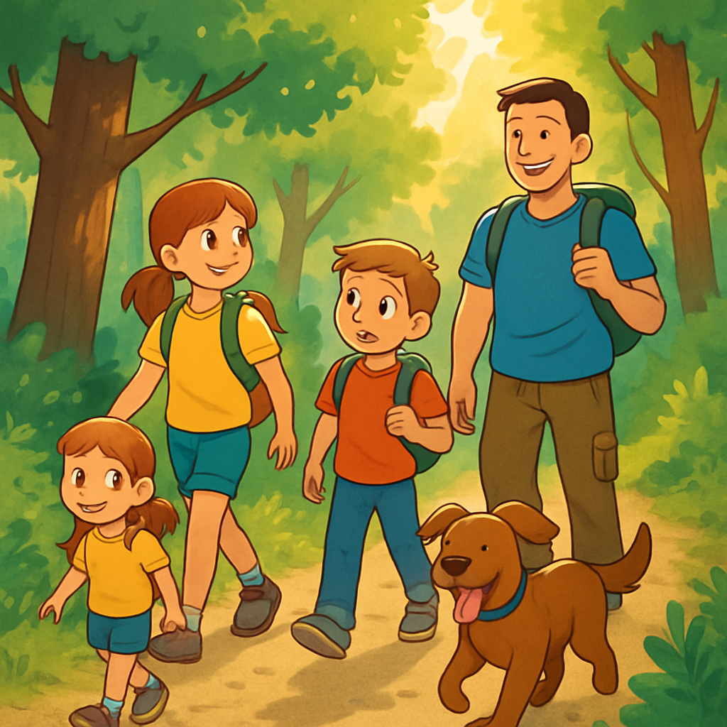 Een vrolijk gezin met twee kinderen en hun hond wandelen samen op een bospad. De kinderen wijzen enthousiast naar de natuur, terwijl de hond kwispelend voorop loopt. Op de achtergrond zijn groene bomen en struiken te zien in een kleurrijke tekenstijl.
