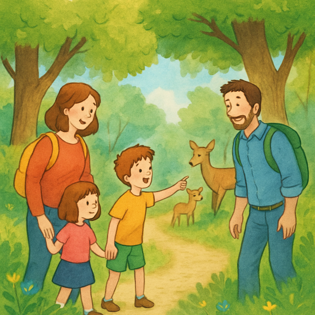 Illustratie van een gezin van vier dat op een pad door het bos loopt. Twee kinderen en twee volwassenen kijken met verrekijkers naar een ree en haar kalfje, die verderop tussen de bomen staan. Eén kind houdt de hand van een ouder vast, wat de nadruk legt op veiligheid. De sfeer is rustig en respectvol tegenover de natuur.