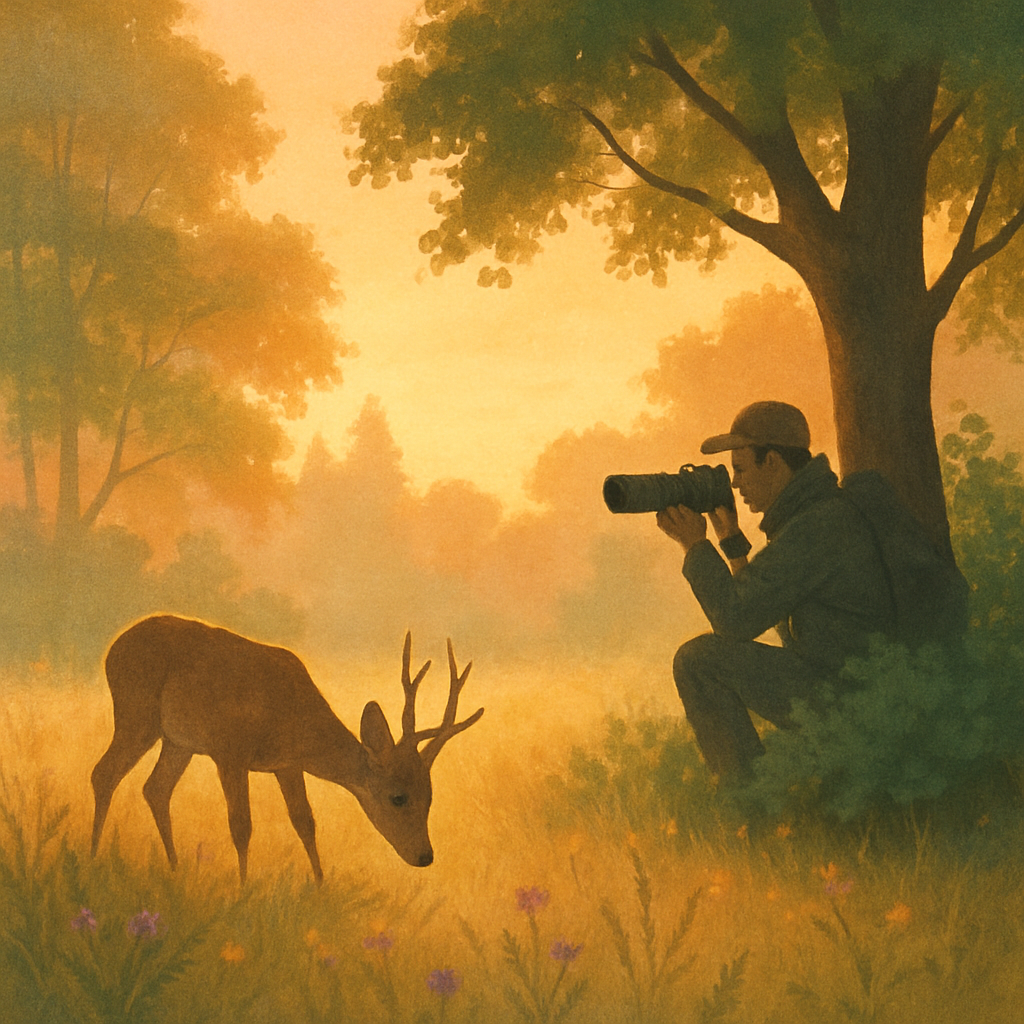 Een serene tekening van een hert in een vroege ochtendbos, ongestoord, terwijl een fotograaf geduldig met een telelens observeert vanuit de verte.