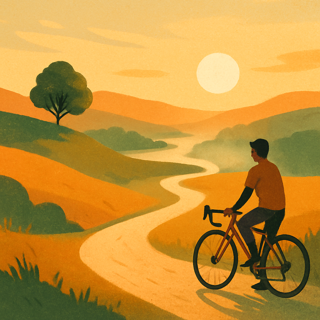 Een illustratie in kleurrijke tekenstijl van een persoon op een gravelbike die een uitgestrekt landschap observeert tijdens zonsondergang. Zachte, warme tinten domineren de scène met een rivier en glooiende heuvels in de verte, gehuld in een lichte mist.