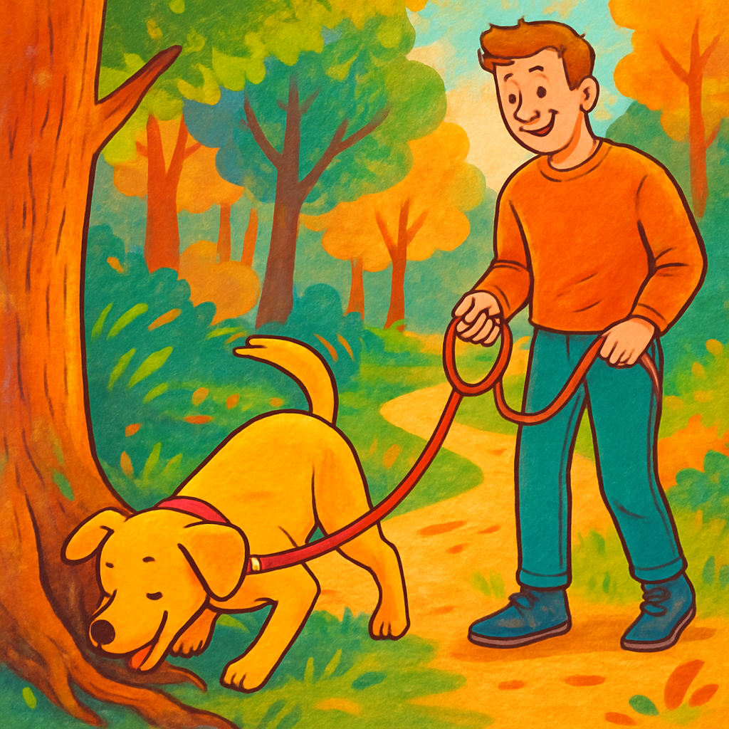 Een illustratie van een blije, kwispelende hond die met zijn neus aan de grond een verborgen snoepje zoekt bij een boomwortel in een kleurrijk bos. Het baasje met de losse lijn kijkt glimlachend toe en de achtergrond toont een slingerend pad door de bomen.