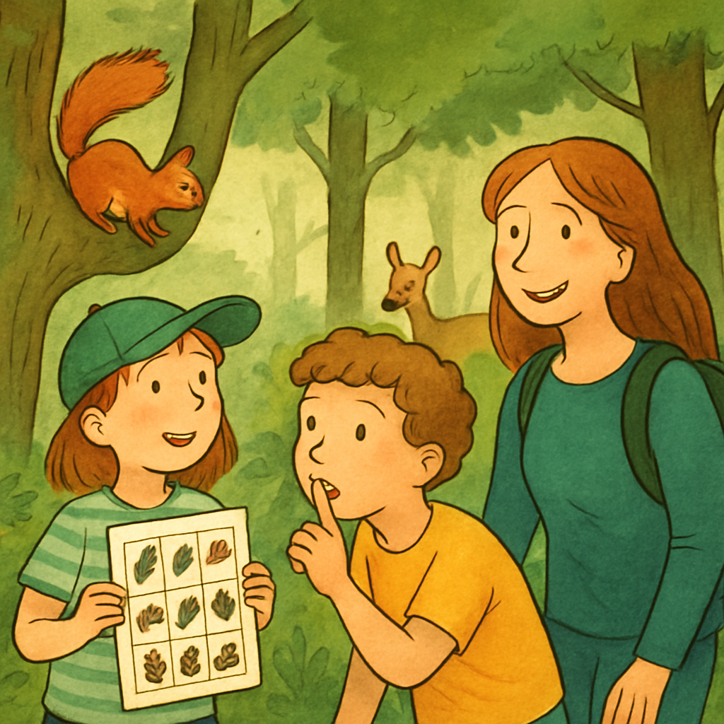 Een illustratie van een volwassene en twee kinderen in een bos. Een kind houdt een natuurbingokaart vast, de ander fluistert 'ssst' en wijst naar een eekhoorn in een boom. Een ree loert uit de bosjes. Ze observeren rustig de natuur.