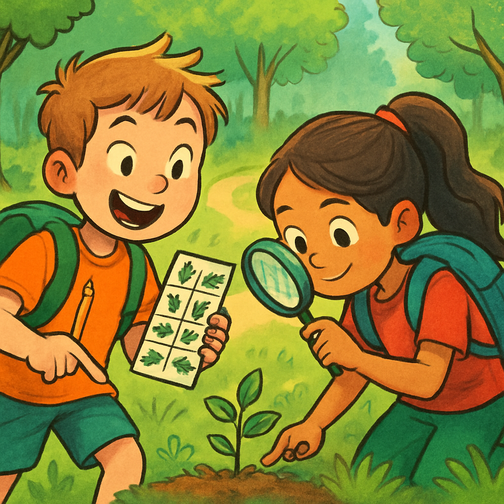 Een vrolijke tekening van een jongen die een natuurbingokaart vasthoudt en een meisje dat met een vergrootglas naar de grond kijkt tijdens een boswandeling.
