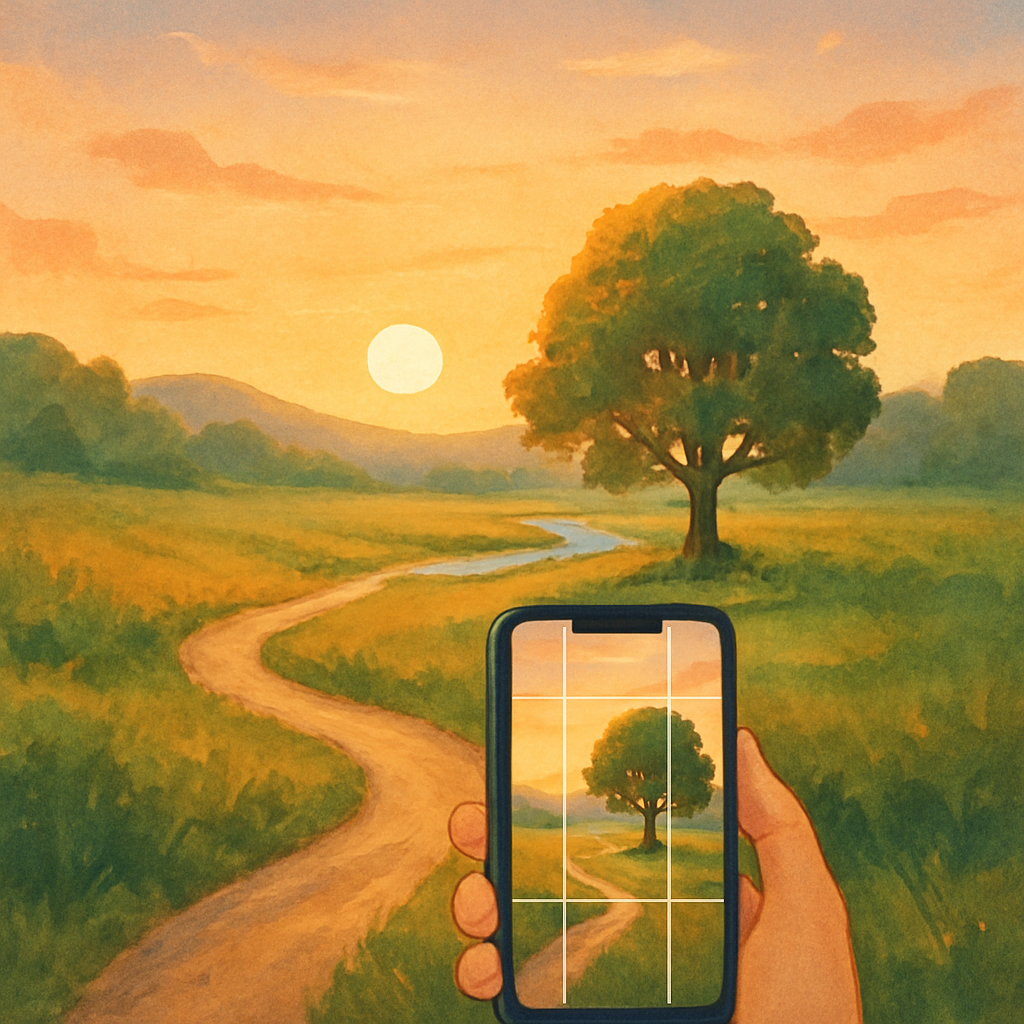 Een schilderachtig landschap bij zonsondergang, met een kronkelend pad en een boom die de compositieregels volgen. Een hand houdt een smartphone vast met zichtbare rasterlijnen, wat de principes van landschapsfotografie illustreert.