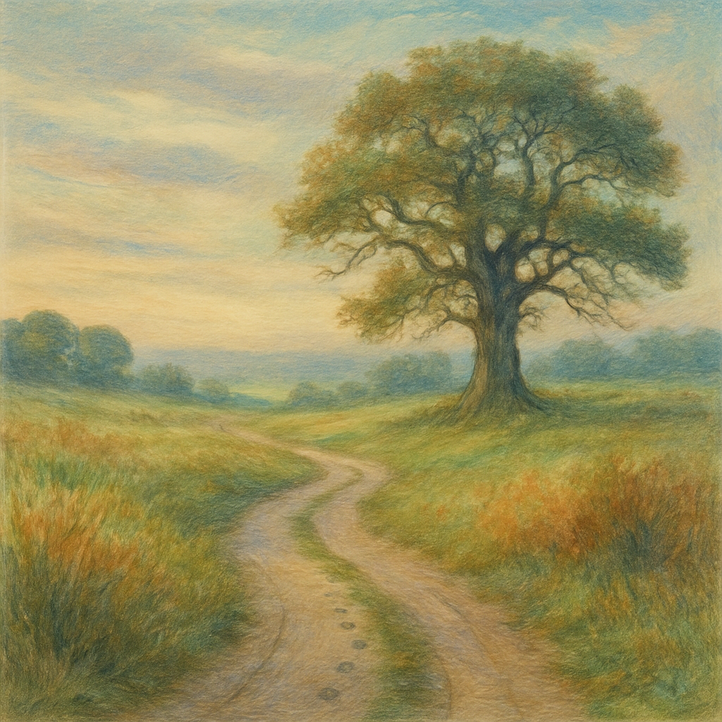 Een kleurrijke tekening van een oud, knoestige eik aan een kronkelend gravelpad, met subtiele diersporen, onder een zachte, atmosferische hemel.