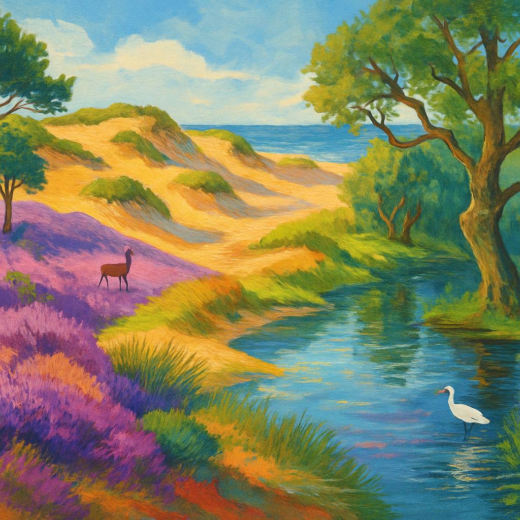 Een illustratie in kleurrijke tekenstijl toont de diversiteit van Nederlandse nationale parken, met paarse heidevelden, zandduinen, een spiegelend ven, en waterrijke bossen, alles badend in een serene sfeer.