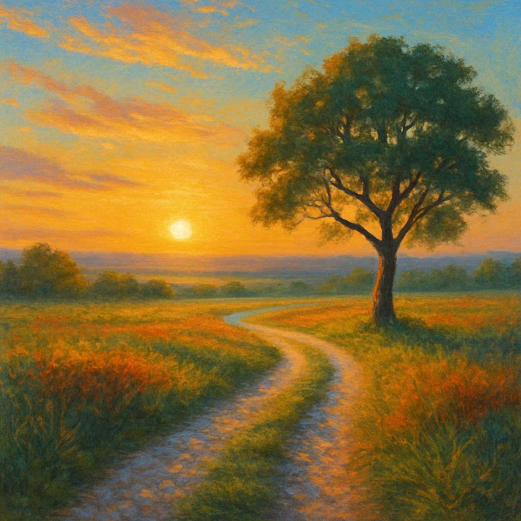 Een illustratie van een landschap bij zonsondergang, met een pad dat het beeld in leidt en een boom volgens de regel van derden, badend in warm, goudkleurig licht.