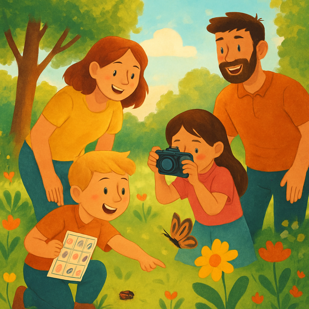 Een vrolijke tekening van een gezin (ouders en twee kinderen) dat de natuur verkent. Eén kind fotografeert een vlinder, het andere kind wijst naar iets op de grond terwijl een ouder lachend toekijkt.