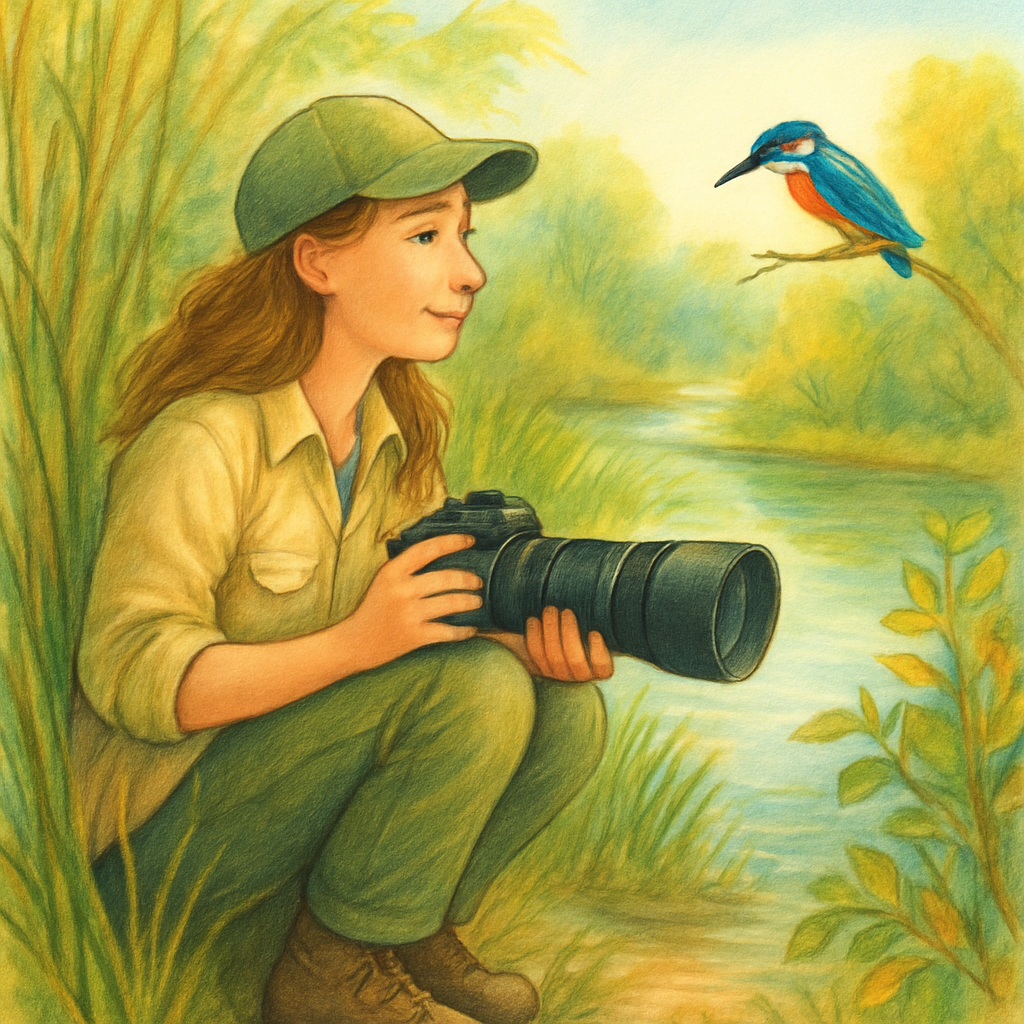 Een vrolijke natuurfotografe (Sanne de Boer) met een telelens camera zit rustig verborgen tussen het riet langs een beek, geduldig wachtend op een felgekleurde ijsvogel die op een takje zit. De scène straalt rust en respect voor de natuur uit.