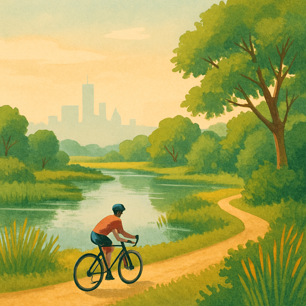 Een kleurrijke tekening toont een fietser op een grindpad door een nationaal park. Op de achtergrond vervagen de contouren van een stad, terwijl de voorgrond wordt gedomineerd door bomen, water en wuivend riet onder een open hemel, symbool van rust en natuurlijke vrijheid.