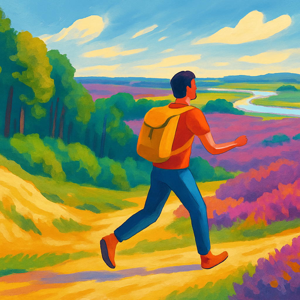 Een kleurrijke tekening van een persoon die wandelt door een landschap dat duinen, bos, heide en uiterwaarden combineert, wat de diversiteit van Nederlandse wandelroutes symboliseert.