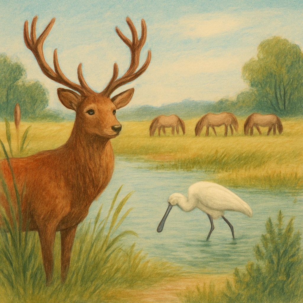 Een tekening van een edelhert, een lepelaar en wilde paarden in een vredig Nederlands nationaal parklandschap.