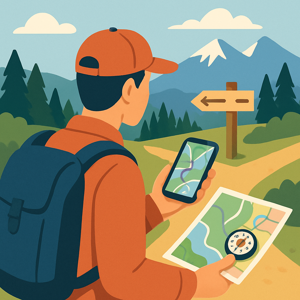 Een kleurrijke tekening van een wandelaar die zowel een smartphone met GPS-kaart als een traditionele papieren kaart en kompas vasthoudt, staand op een pad in een natuurlijke omgeving.