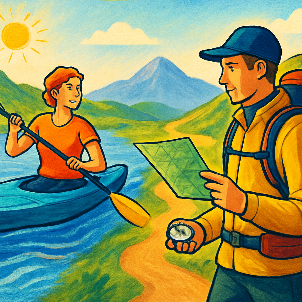 Een kleurrijke tekening van een persoon die een kajak peddelt op stromend water en een andere persoon die navigeert met een kaart en kompas in de bergen, wat techniek en veiligheid in actieve reizen symboliseert.