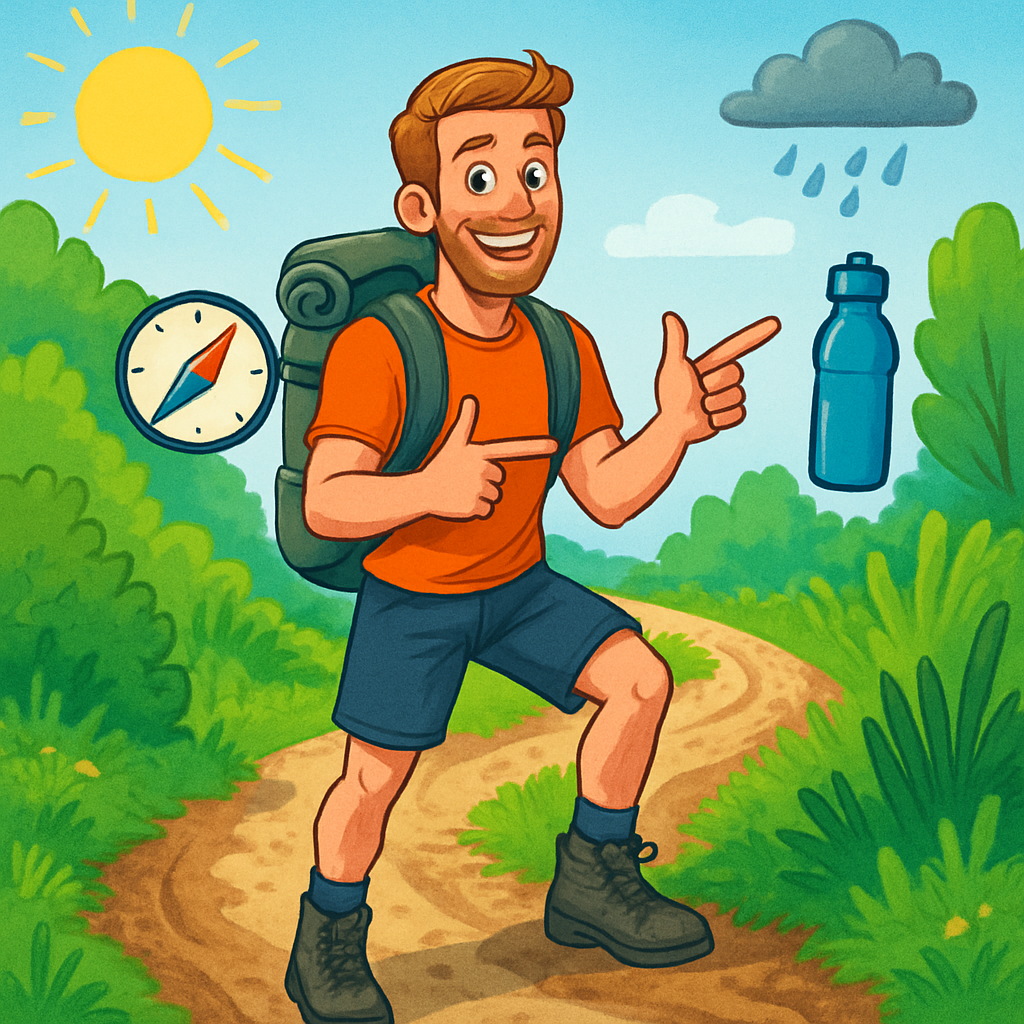 Een tekening van Thijs Mulder die wandeltips geeft, wijzend naar een kompas en waterfles op een pad met zand en modder, omringd door natuur. Een regenwolkje hint naar wisselvallig weer.