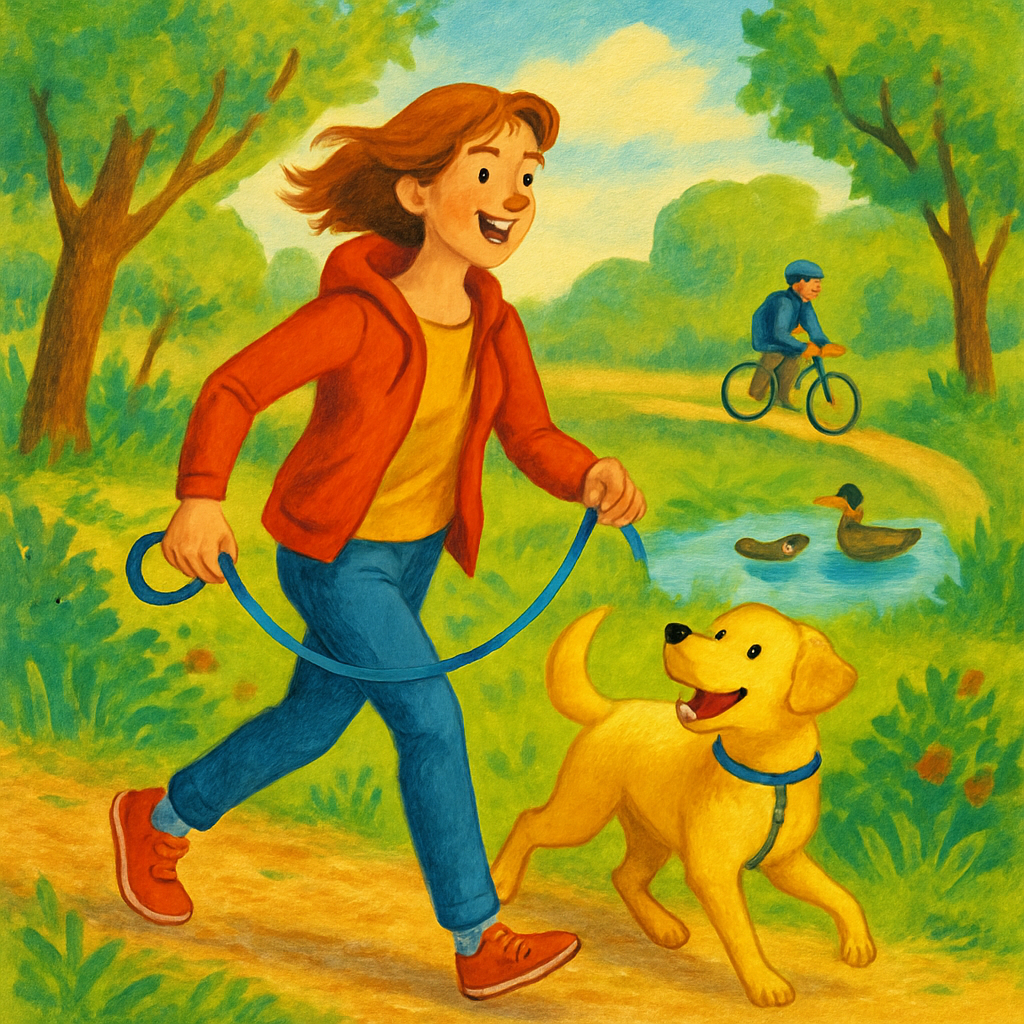 Een vrolijke Sanne de Boer wandelt met haar labrador Fien aan de lijn door een levendige natuurlijke omgeving, met een rustige uitdrukking die veiligheid en controle uitstraalt.