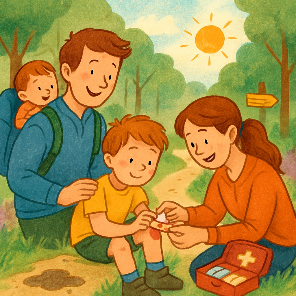 Een vrolijke illustratie van een gezin dat wandelt. Een ouder plakt een pleister op de knie van een kind dat lachend kijkt, terwijl een ander kind in een drager zit. Ze staan op een gemarkeerd bospad met een modderpoel in de verte.