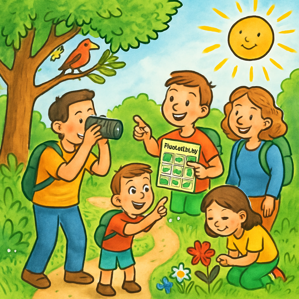 Een vrolijke illustratie van een gezin in de natuur. Een volwassene fotografeert een vogel, terwijl kinderen genieten van een natuurbingo en bloemen observeren. Ze staan op een pad, omringd door groen, symbolisch voor veiligheid, plezier en verantwoordelijkheid in natuurfotografie.