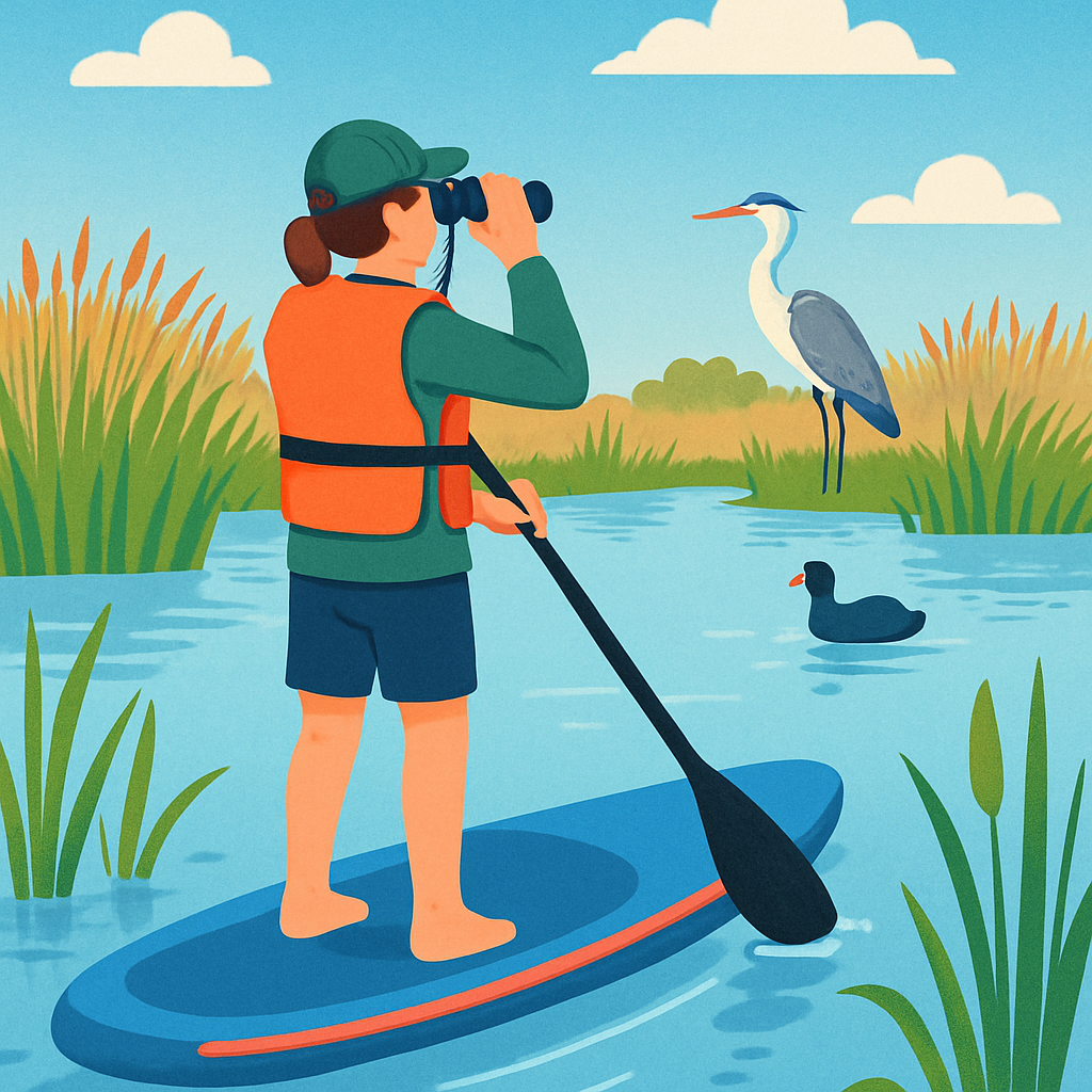 Een persoon op een supboard draagt een zwemvest en kijkt door een verrekijker naar vogels in de verte, omringd door kalm water en riet.