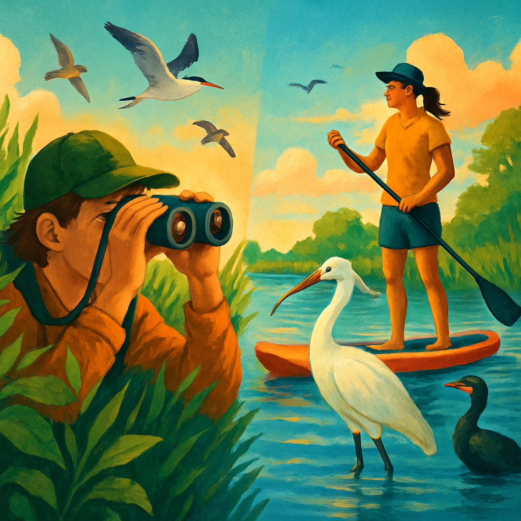 Een illustratie van vogels kijken, met links een persoon die zich verschuilt achter struiken op het land en met een verrekijker kijkt, en rechts een persoon in een kajak op het water die watervogels observeert, zoals een lepelaar en aalscholver.