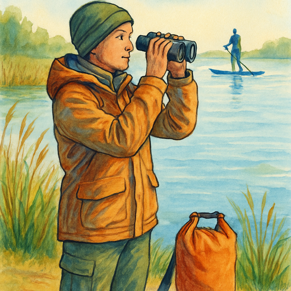 Een geïllustreerd persoon staat langs de waterkant met een verrekijker, gekleed in waterdichte, natuurlijke kleding, klaar voor vogelspotten. Op de achtergrond is een subtiele kajak of sup te zien.