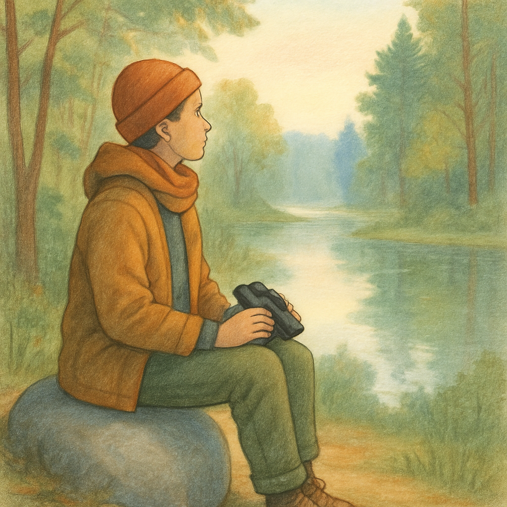 Een persoon zit rustig op een steen in de natuur, met een verrekijker in de hand, en observeert aandachtig het landschap.