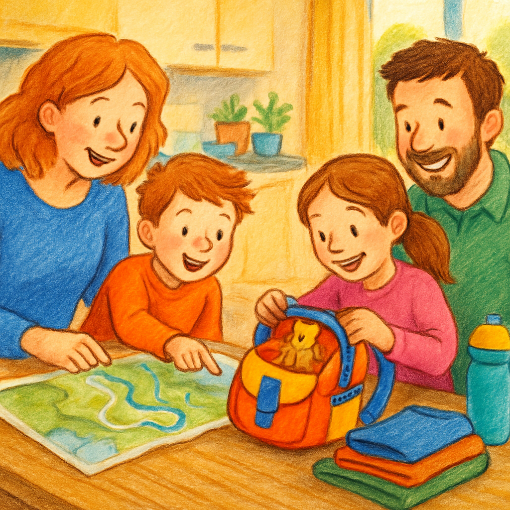 Een vrolijke illustratie van een gezin aan een tafel, waarbij de kinderen actief betrokken zijn bij het plannen van een wandeling door naar een kaart te kijken en snacks in een kleine rugzak te pakken.