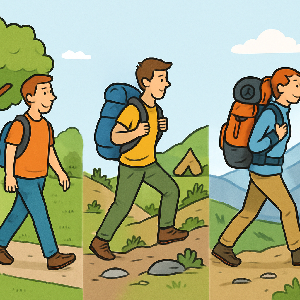 Een illustratie toont drie wandelaars: een dagwandelaar in een park, een weekendtrekker op een heuvelpad met een tent, en een langeafstandsloper in de bergen. De afbeelding benadrukt de variatie in wandeltypes en hun geschikte omgeving en uitrusting.