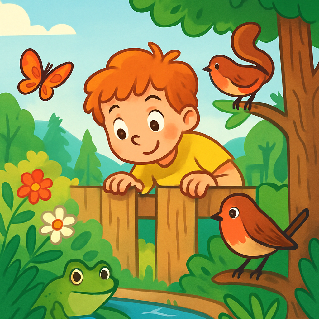 Een vrolijke, kleurrijke tekening van een kind dat met een verrekijker over een tuinhek kijkt naar diverse wilde dieren in een natuurlijke omgeving. Je ziet onder andere een vlinder, een roodborstje, een eekhoorn en een kikker.