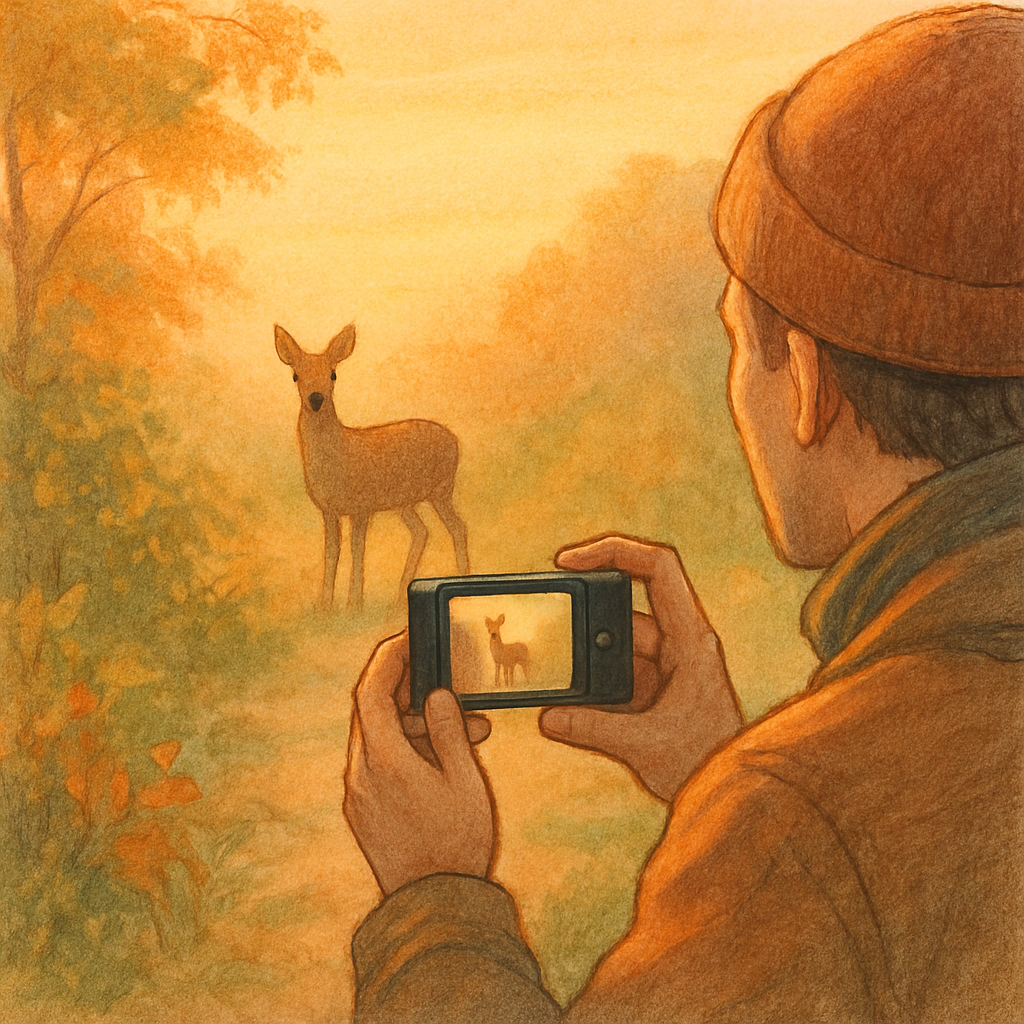 Een persoon fotografeert een wild dier (een ree) in een veld tijdens zonsondergang met een smartphone, wat geduld en respect toont.