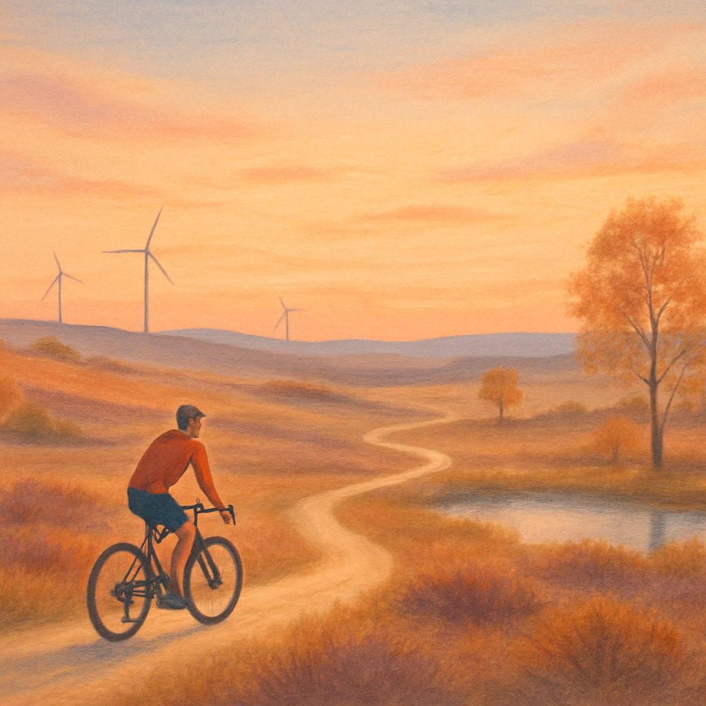 Een kleurrijke tekening van een weids Nederlands landschap bij zonsopgang, met een fietser op een grindpad, omringd door vennen, bomen en een grote, rustige lucht.