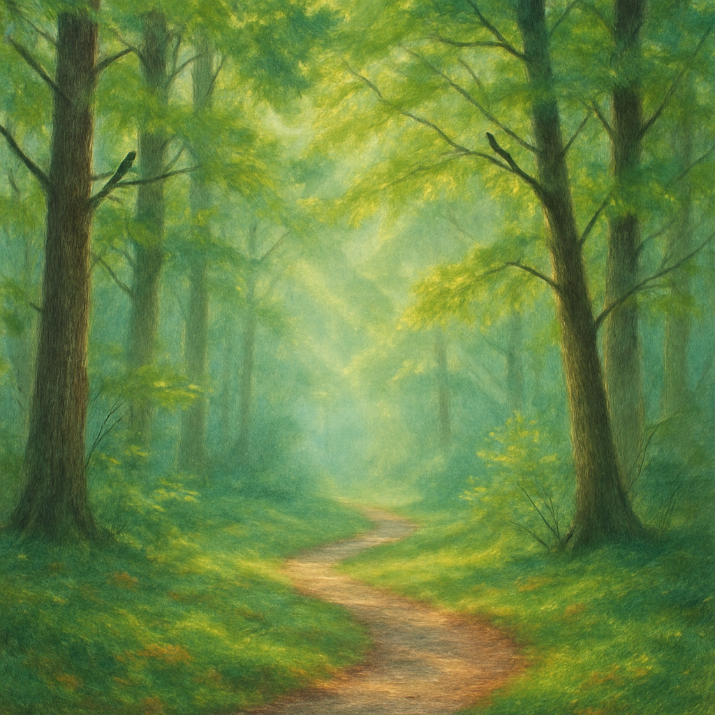 Een kleurrijke tekening van een kalm bos met zonnestralen door de bladeren, een kronkelend pad, en vogels in de bomen, die een vredige, zintuiglijke ervaring uitbeeldt.