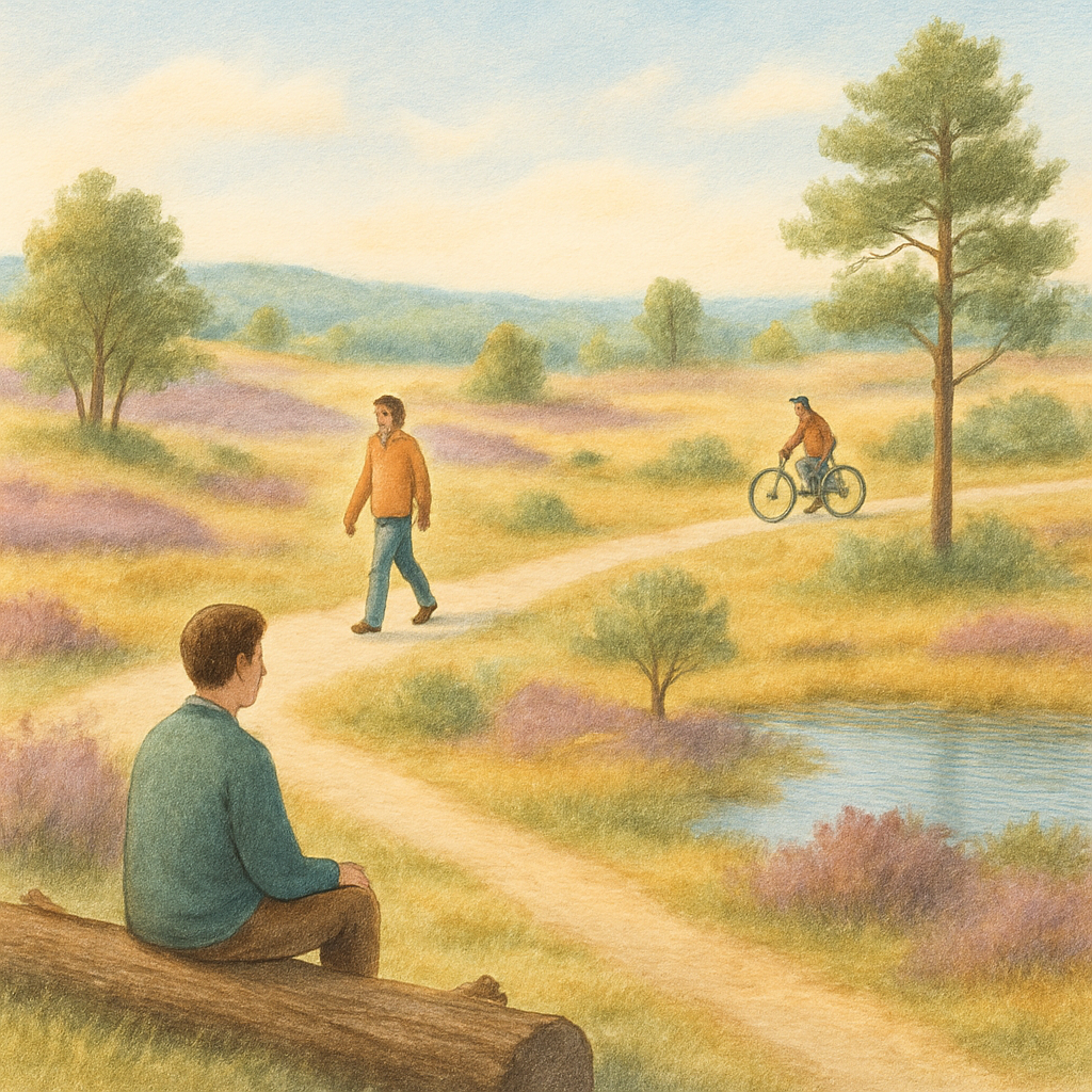 Kleurrijke illustratie van een nationaal park met diverse bezoekers. Een persoon zit rustig te contempleren op een boomstam, een ander wandelt op een pad met een rugzak, en een fietser rijdt op een apart fietspad. De scène toont diverse landschapselementen zoals bomen, heide en water, onder een heldere lucht, alles in een serene sfeer.