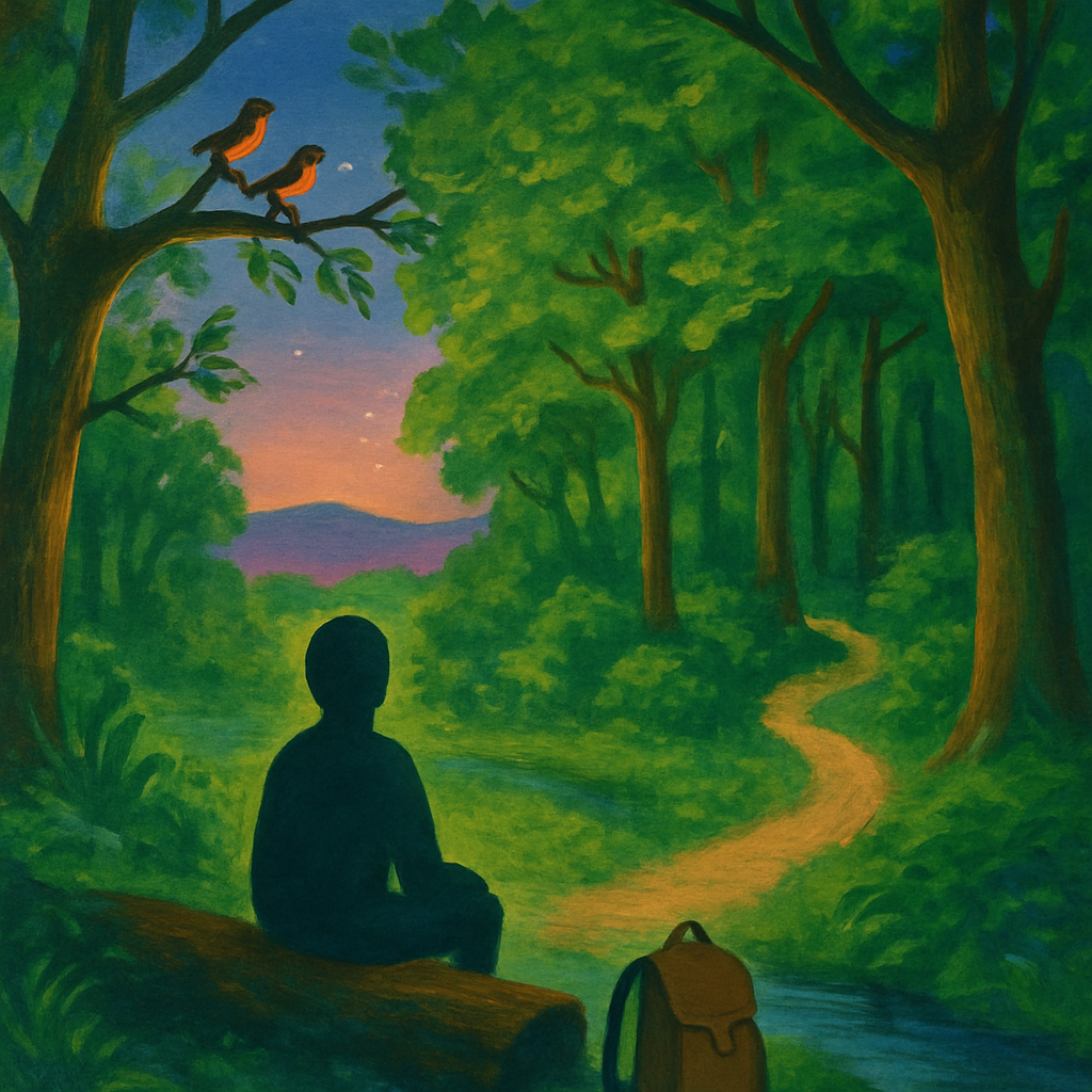 Een persoon zit rustig op een bemoste boomstam aan de rand van een bos, kijkend naar een pad dat dieper het bos in slingert. Naast de persoon ligt een rugzak. Op de achtergrond is een heldere, sterrenhemel zichtbaar boven een open landschap in de schemering.