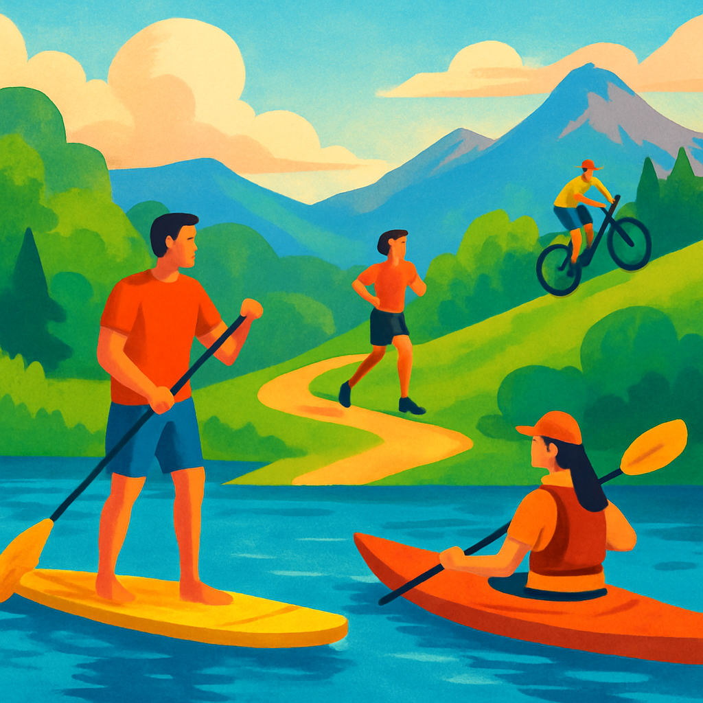 Een kleurrijke illustratie van verschillende buitensportactiviteiten, waaronder paddleboarding, kajakken, trailrunning en mountainbiken, gesitueerd in een natuurlijke omgeving met water, heuvels en bergen.