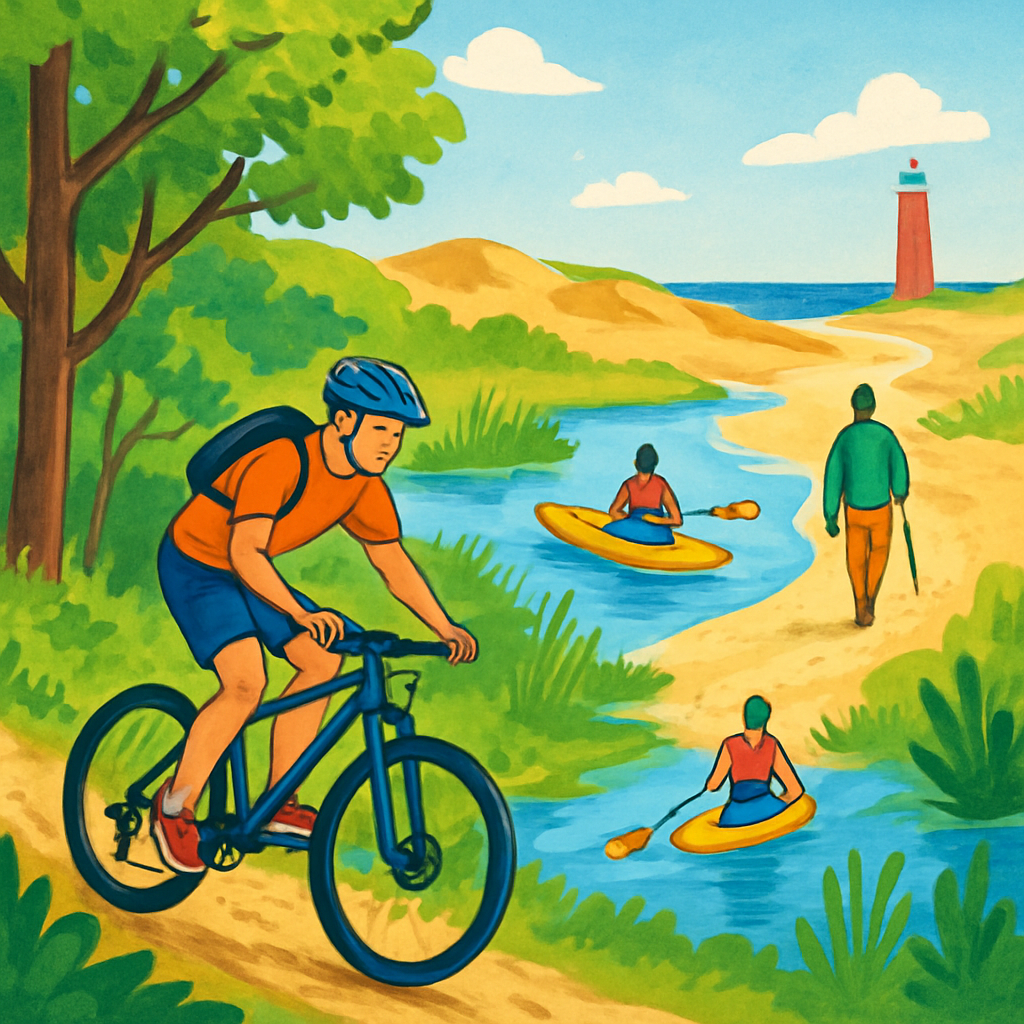 Een kleurrijke tekening van mensen die verschillende buitensporten beoefenen in diverse Nederlandse landschappen: mountainbiken in een bos, kajakken op een meer en wandelen in de duinen.