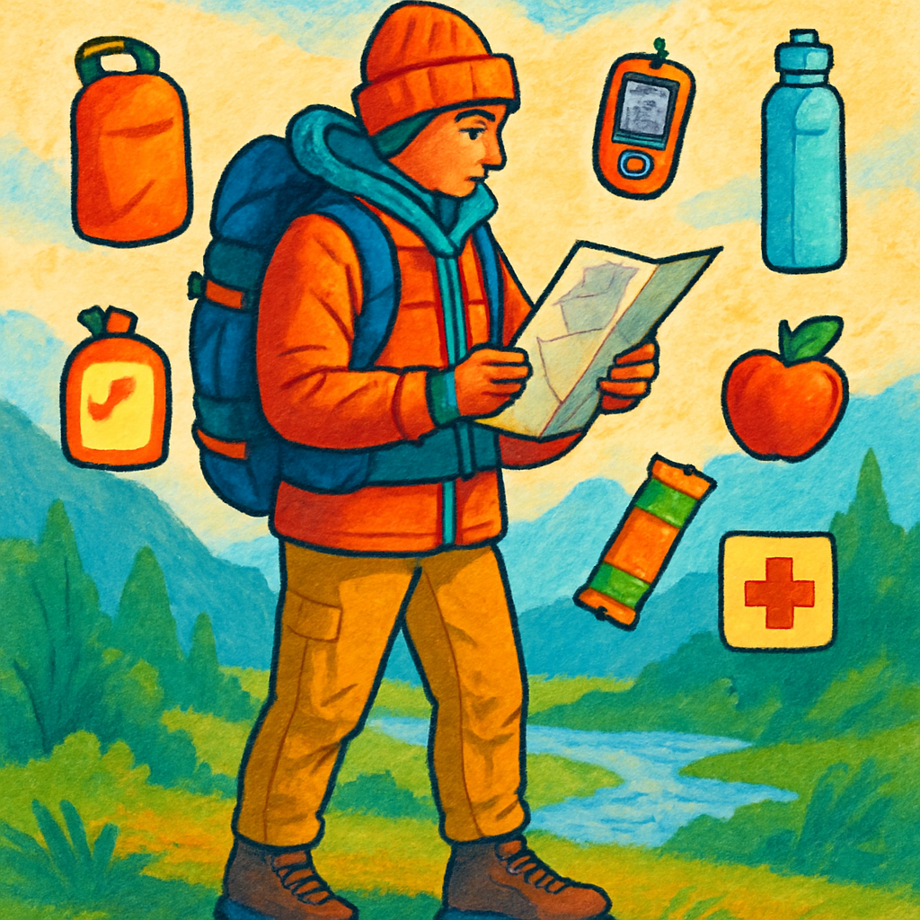 Een kleurrijke tekening van een avontuurlijk persoon met een rugzak, wandelschoenen, een kaart, kompas, en omringd door iconen die functionele kleding, waterdichte tassen, een EHBO-kit, hydratatie en voeding symboliseren, tegen een vereenvoudigde natuurlijke achtergrond.