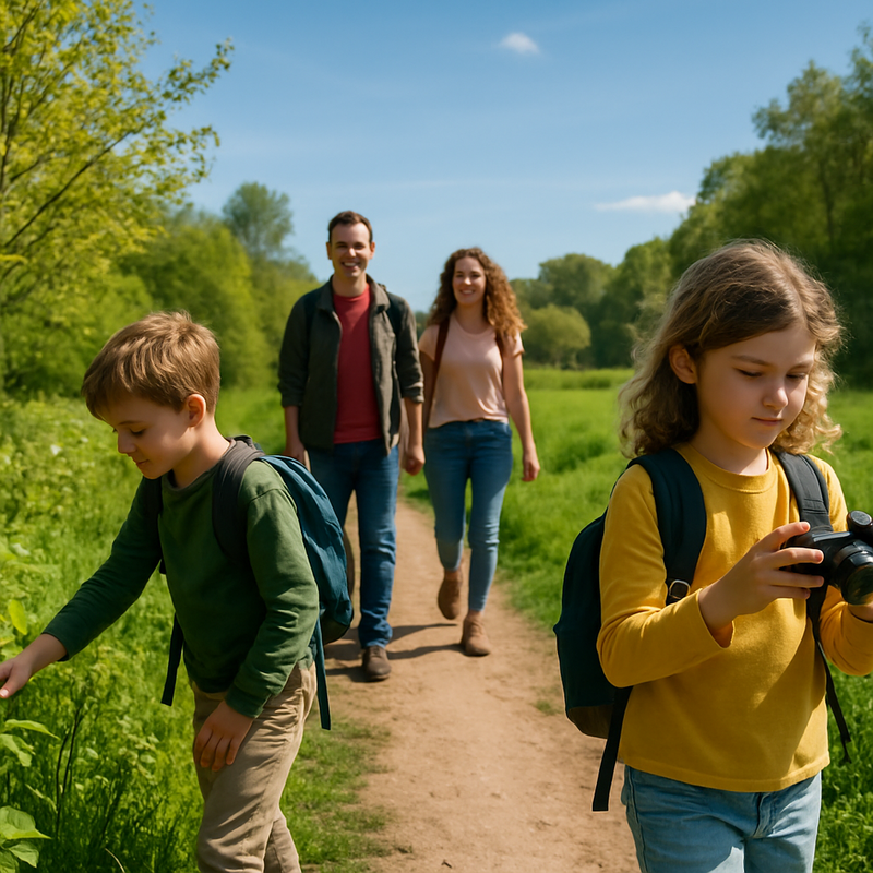 Nederlandse familie wandelt op nieuwe natuurroute in uitgestrekt groen natuurgebied