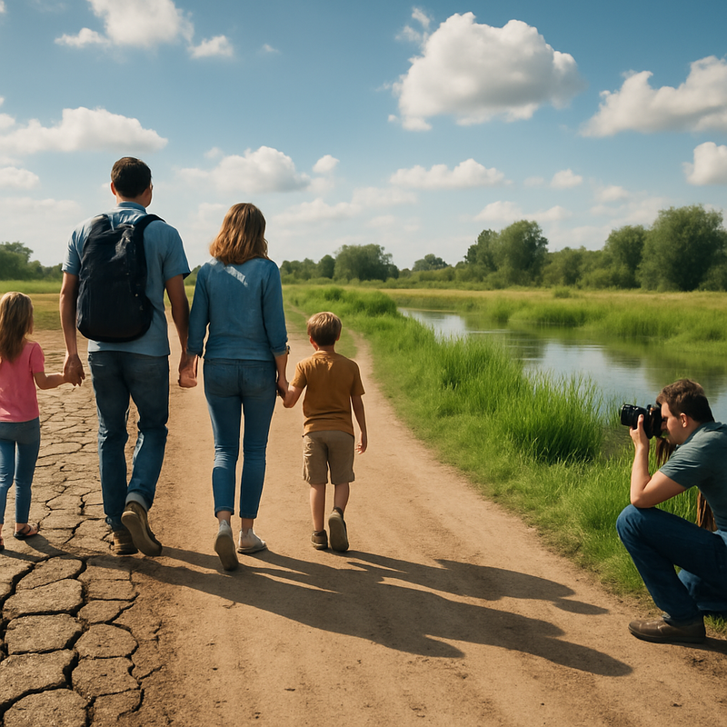 Gezin wandelt langs droog en nat landschap met natuurfotograaf in Nederland