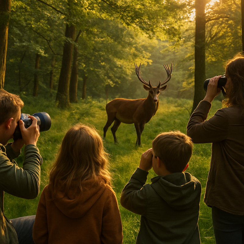 Gezin spot wild in bos met camera's en verrekijkers tijdens zonsondergang