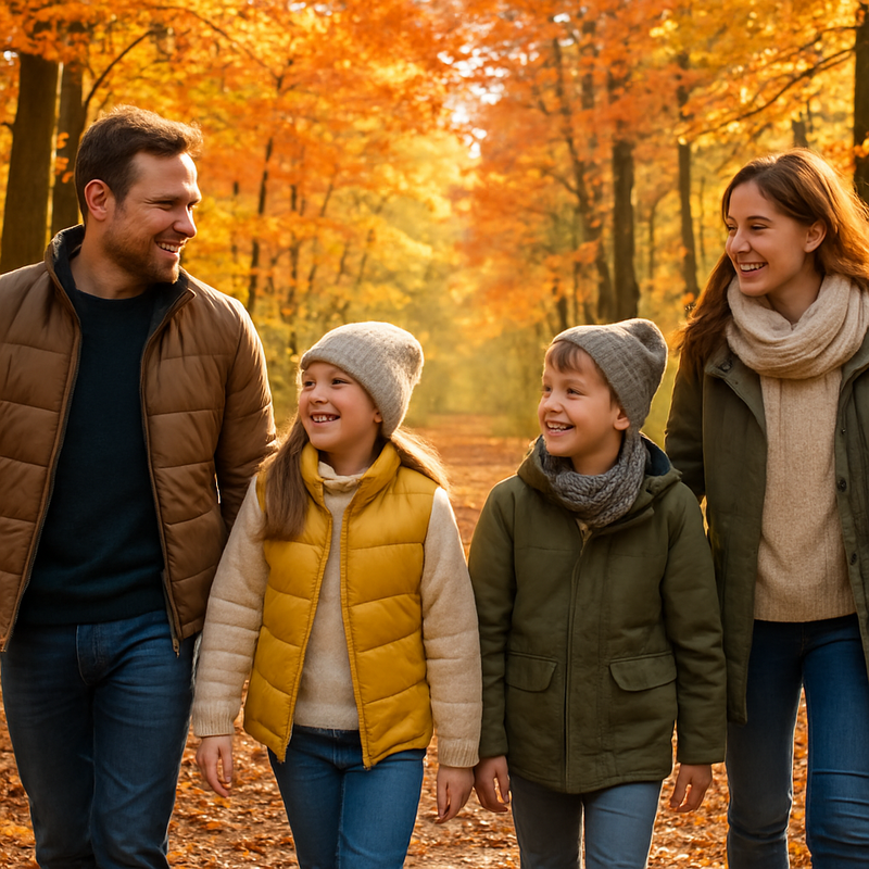 Gezin wandelt op herfstachtig pad in Nederlands bos met kleurrijke bladeren