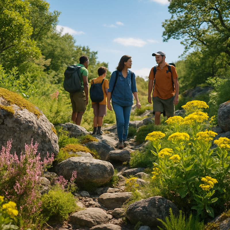Wandelaars bij rotsen met diverse planten in een Nederlands natuurgebied