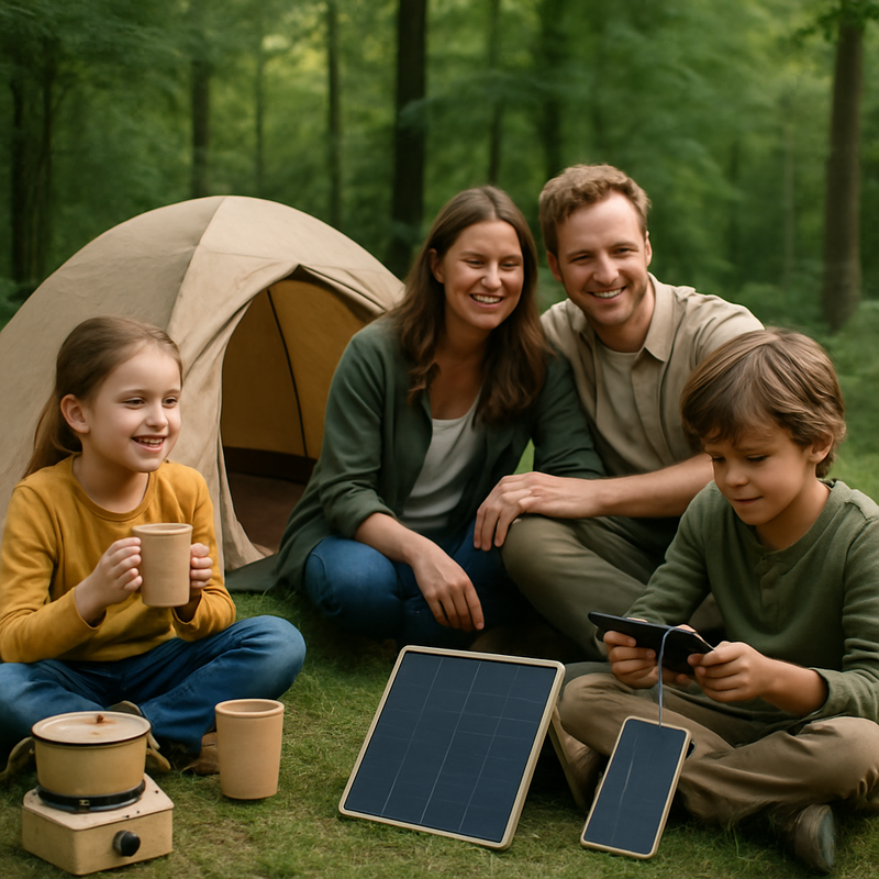 Familie kampeert duurzaam met eco-vriendelijke uitrusting en zonne-energie in Nederlandse natuur