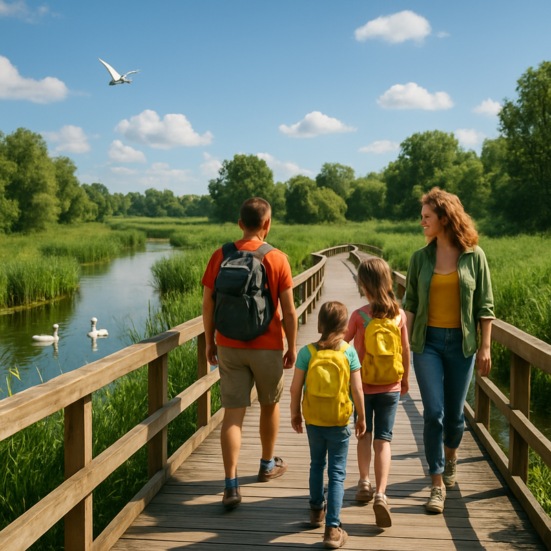 Familie wandelt op houten brug over nat natuurgebied met vogels en groen