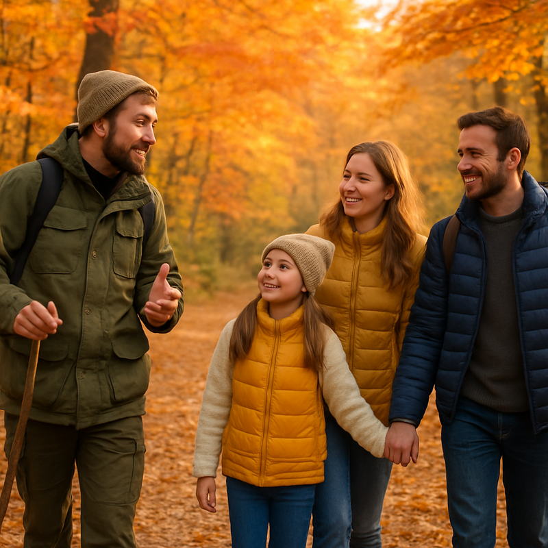 Familie wandelt in herfstbos tijdens betaalbare natuurworkshops in Nederland 2025