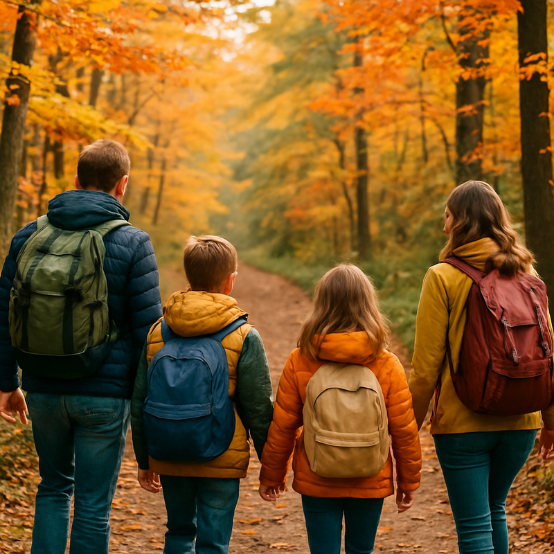 Nederlandse familie wandelt met rugzakken door herfstbos tijdens buitenavontuur